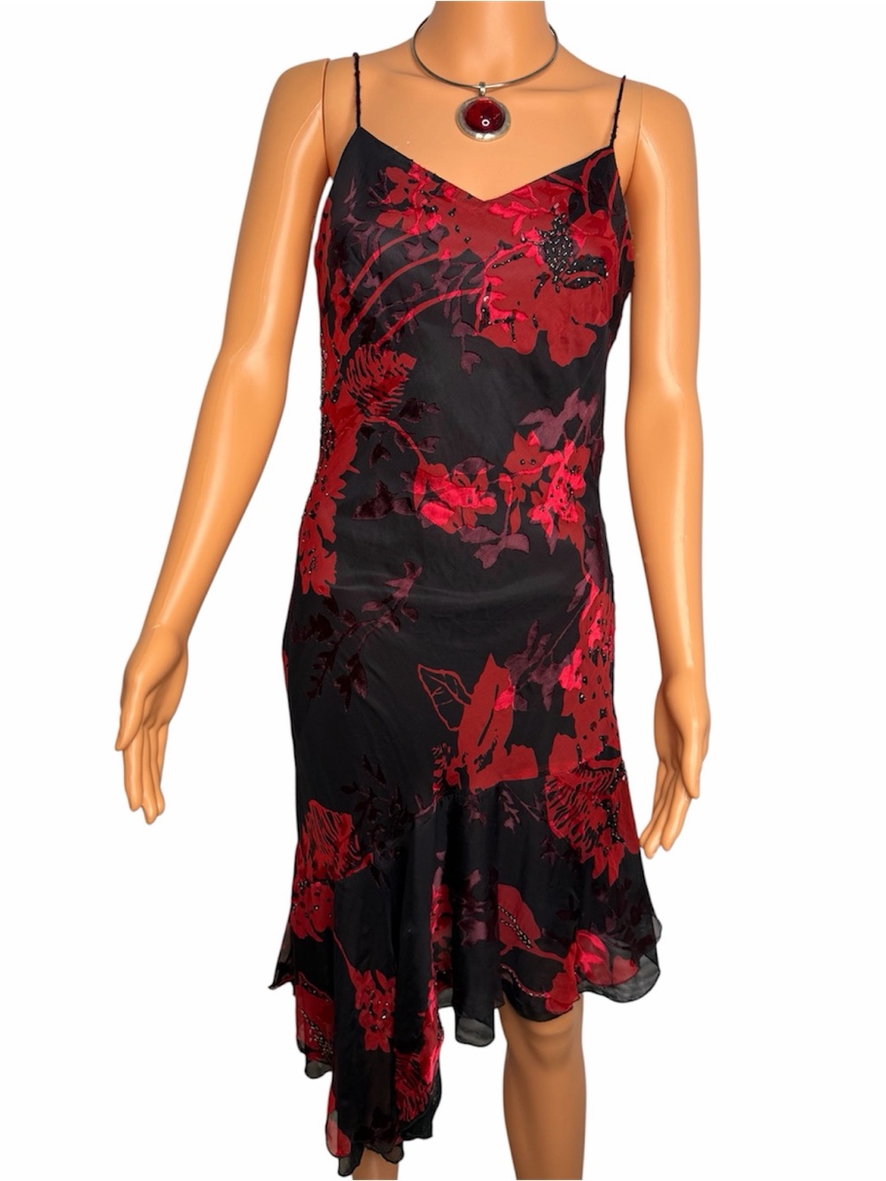 Vintage Y2K Romantic Black Red Floral Beaded Silk Asymmetrical Hem Slip Dress